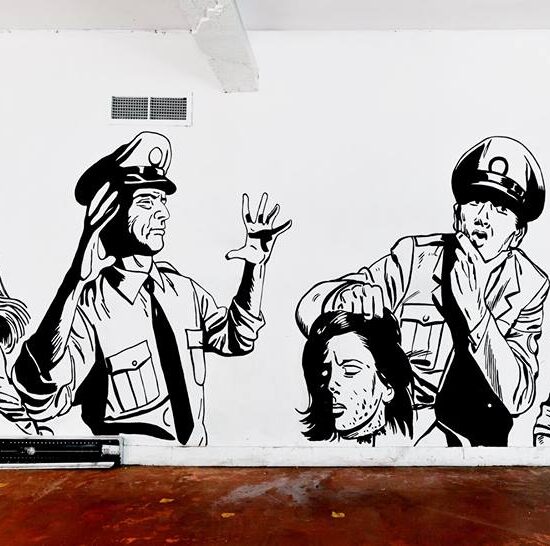 Rouge Ketchup (vue de la murale/mural view), Le Sous-Sol du Cercle (Québec, Qc), Acrylique sur mur/Acrylic on wall, 213 X 762 cm, 2015.