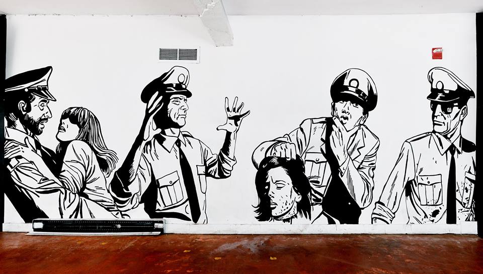 Rouge Ketchup (vue de la murale/mural view), Le Sous-Sol du Cercle (Québec, Qc), Acrylique sur mur/Acrylic on wall, 213 X 762 cm, 2015.