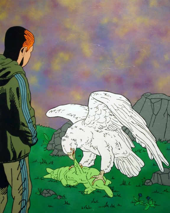 La Mort d’Alba. Acrylique et peinture en aérosol sur toile/Acrylic and spray paint on canvas, 153 X 122 cm, 2009.