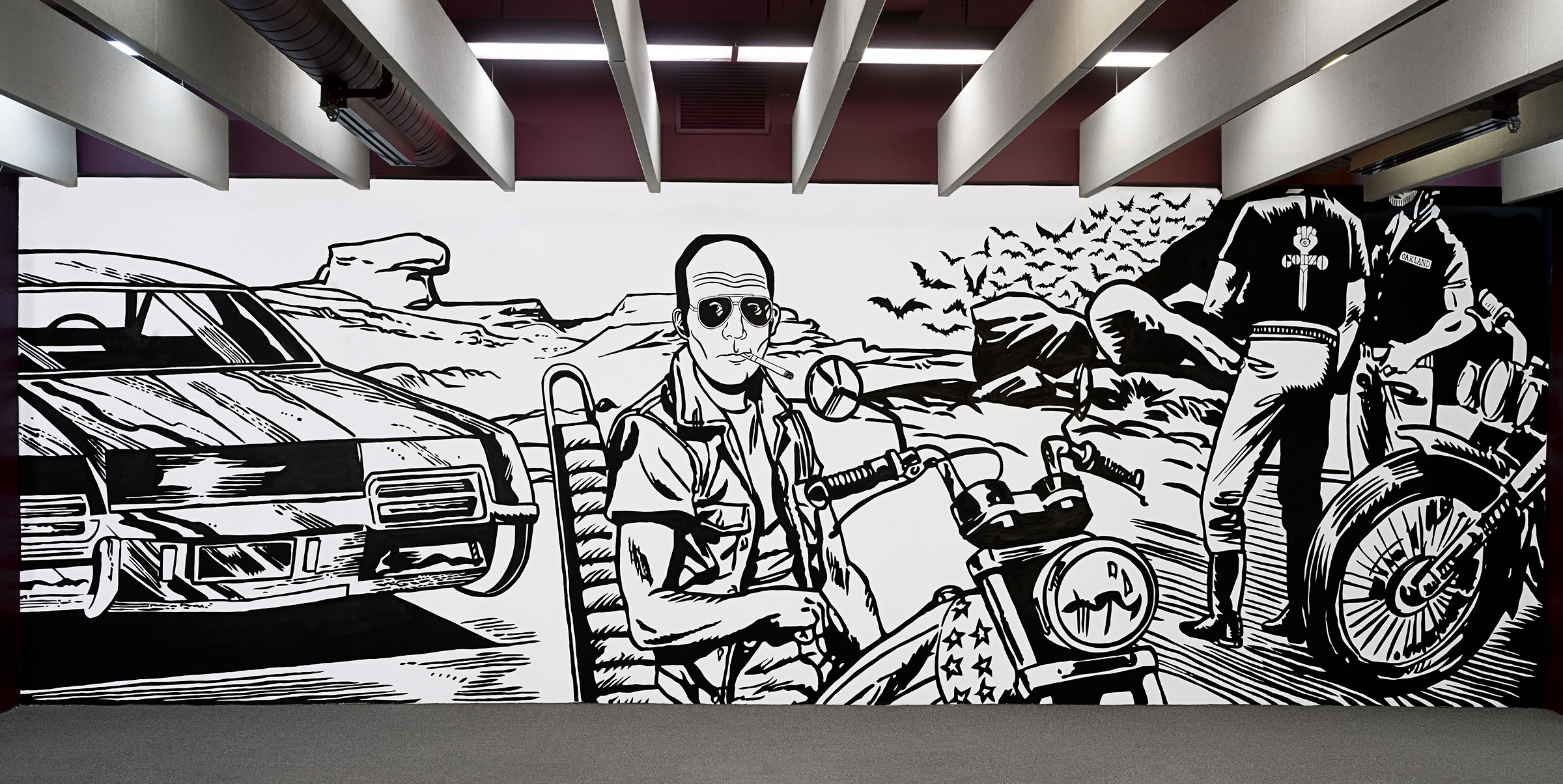 Hommage à Hunter S. Thompson (vue de la murale)/Tribute to Hunter S. Thompson (wall view), Bibliothèque Gabrielle-Roy (Québec, Qc), Acrylique sur mur/Acrylic on wall, 280 X 832 cm, 2019.