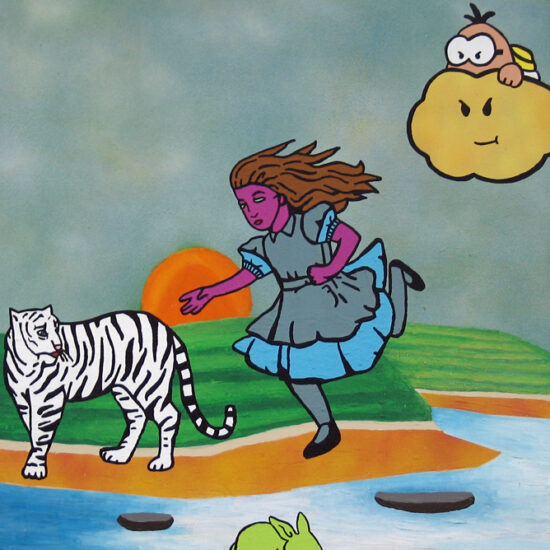 Alice- Suivre le lapin vert, Acrylique et peinture aérosol sur toile/Acrylic and spray paint on canvas, 78 X 62 cm, 2009.