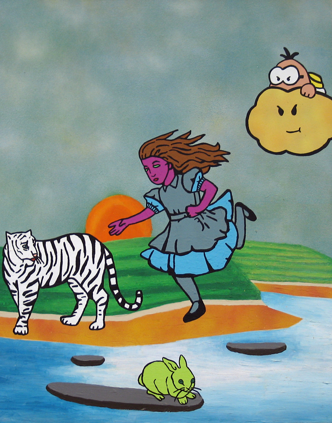 Alice- Suivre le lapin vert, Acrylique et peinture aérosol sur toile/Acrylic and spray paint on canvas, 78 X 62 cm, 2009.