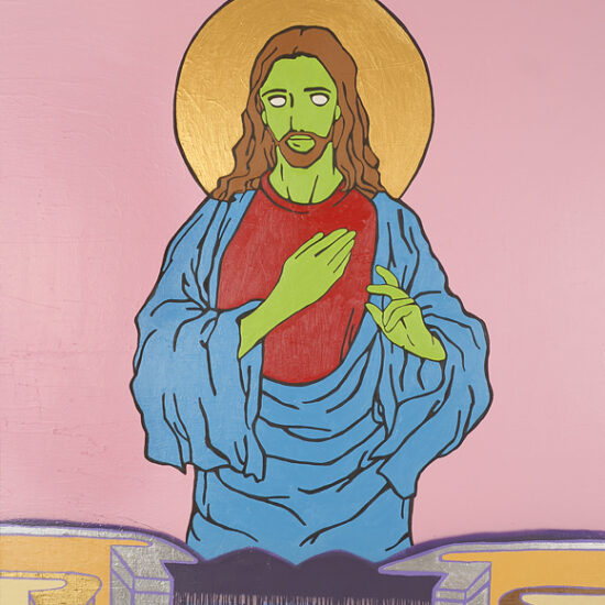 L’inquiétant J.C. Acrylique et peinture en aérosol sur toile/Acrylic and spray paint on canvas, 244 X 183 cm, 2007.