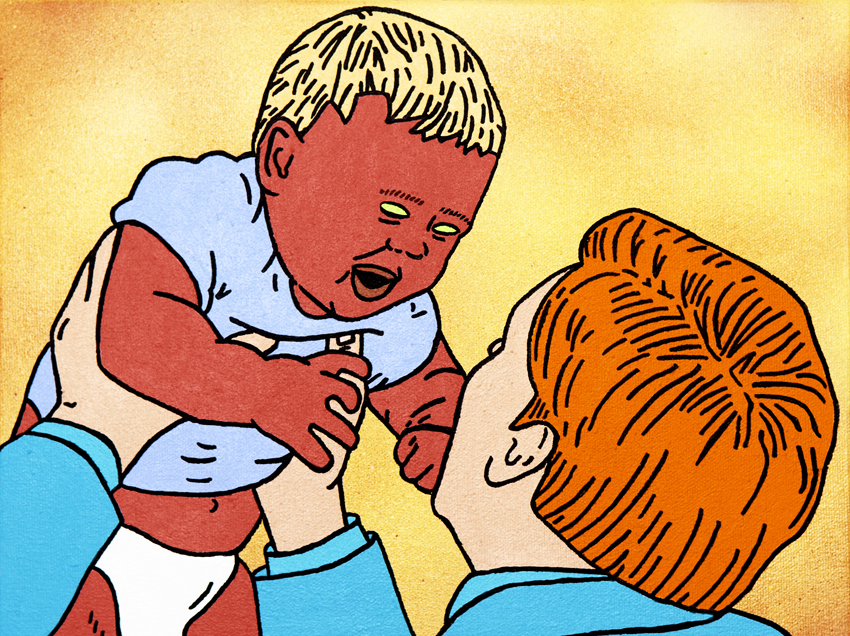 Père et fils, Acrylique et peinture aérosol sur toile/Acrylic and spray paint on canvas, 23 X 30.5 cm, 2011.