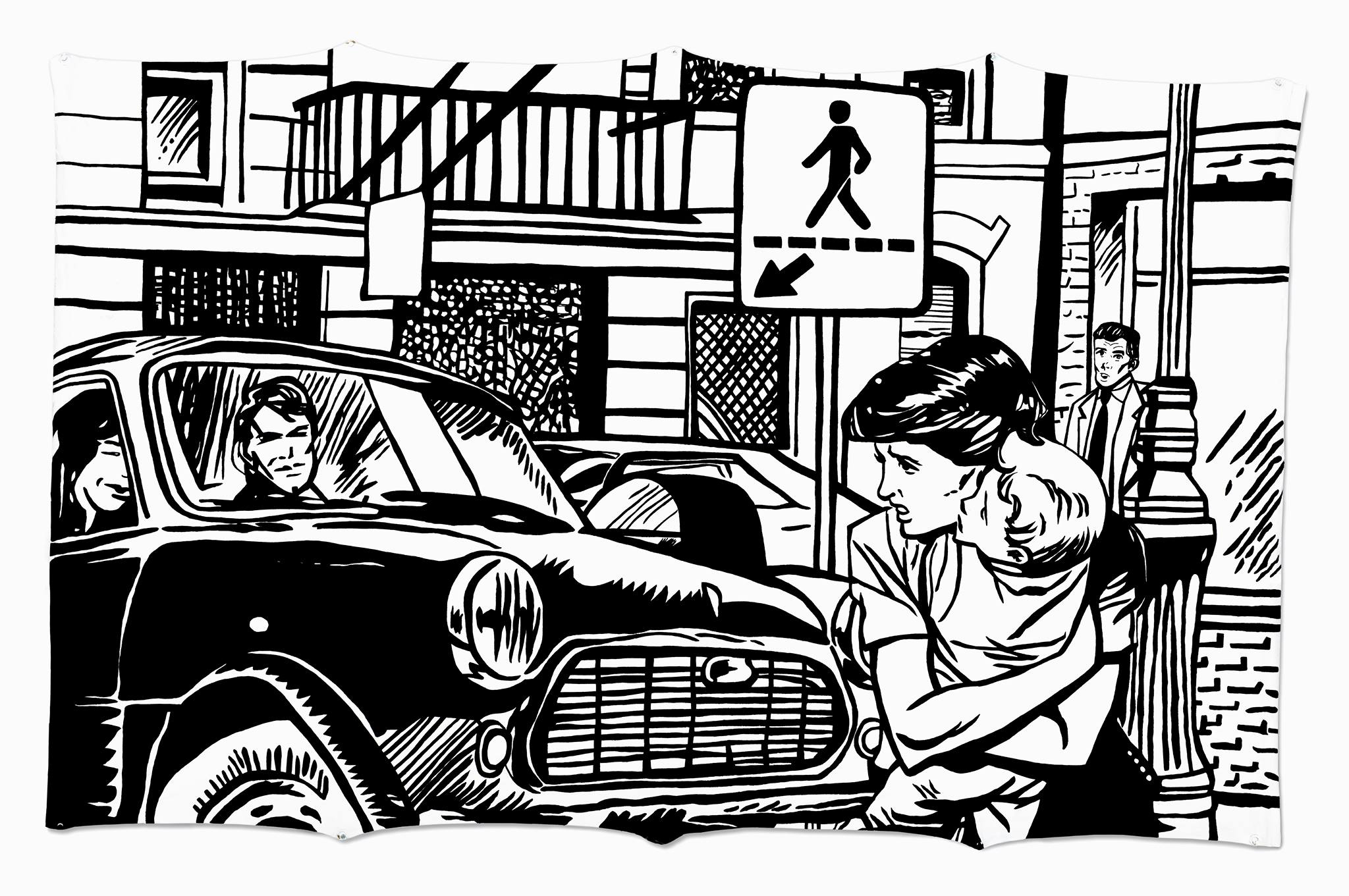 Piétons, Acrylique sur toile avec oeillets/Acrylic on canvas with eyelets, 152.4 X 243.8 cm, 2020.