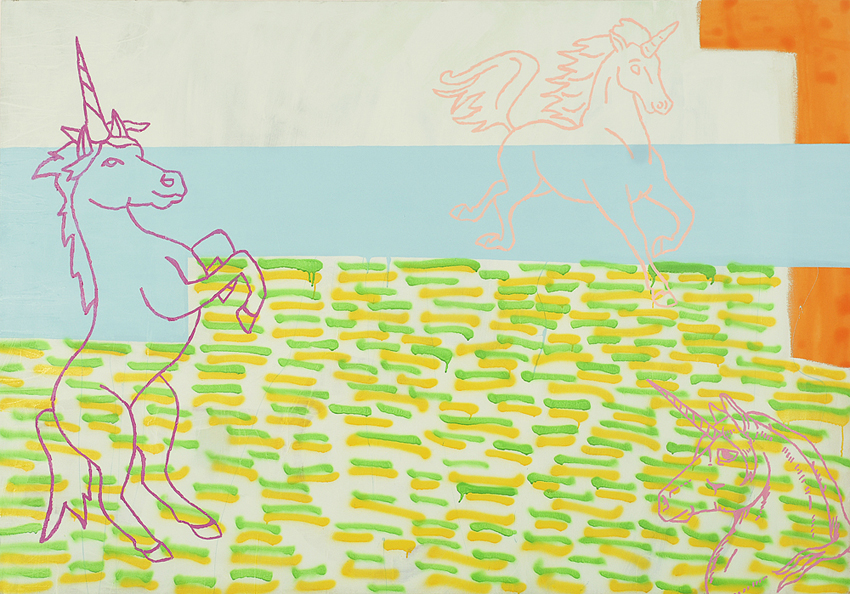 La promenade des Licornes, Acrylique et peinture aérosol sur toile/Acrylic and spray paint on canvas, 152 X 213 cm, 2006.
